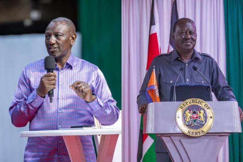 Collage photo of President William Ruto and the late Raila Odinga.